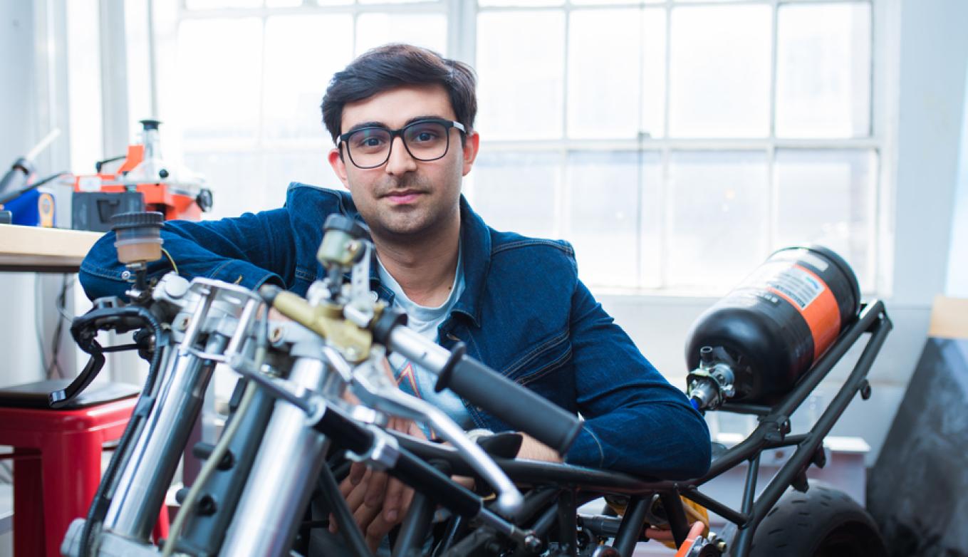 MIT graduate student Adi Mehrotra ’22 is working on sustainable solutions in vehicle design, including a hydrogen-powered motorcycle.