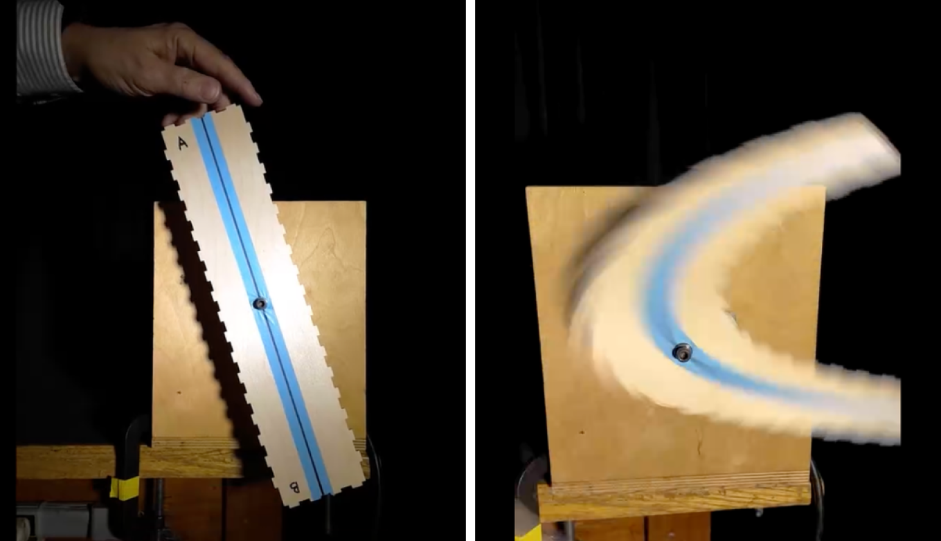 Two side-by-side images of the same piece of wood. One appears straight, one is curved like a boomerang