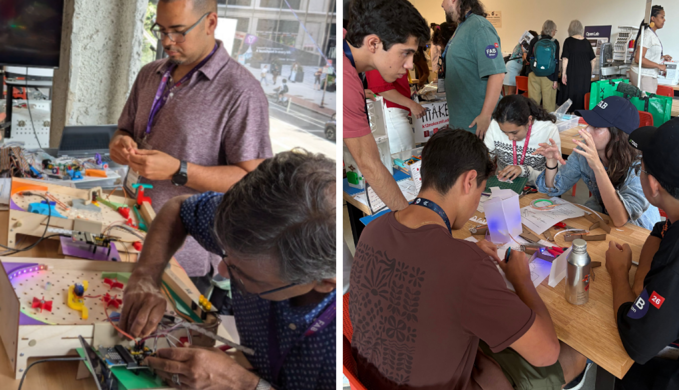 Side by side photos of conference attendees building K-12 Maker Lab projects