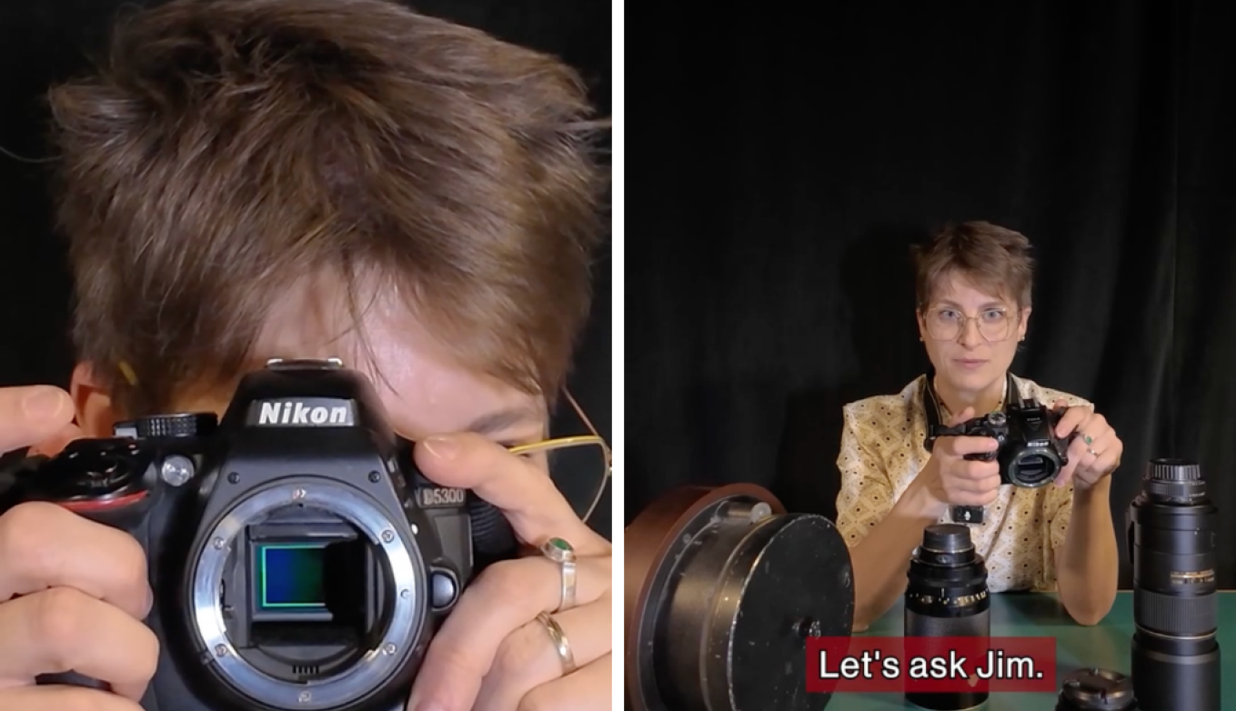 On the left, a closeup of someone holding a camera without a lens. On the right, they hold the camera in front of them with caption "Let's ask Jim"