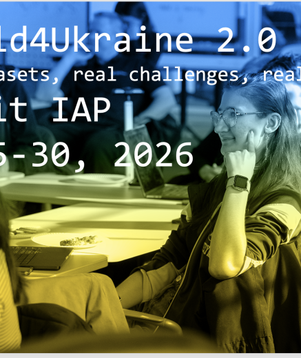 Students in conversation with Ukraine flag overlay