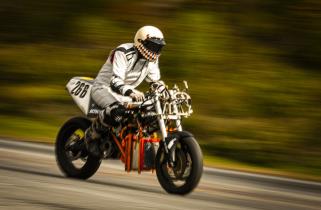Aditya Mehrotra performs a “shakedown” test — running the hydrogen-powered electric motorcycle at high speeds to ensure that the mechanical and electrical systems hold up. Credits:Photo: Adam Glanzman