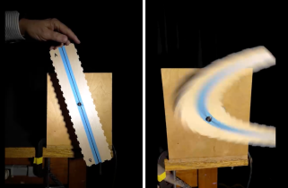 Two side-by-side images of the same piece of wood. One appears straight, one is curved like a boomerang