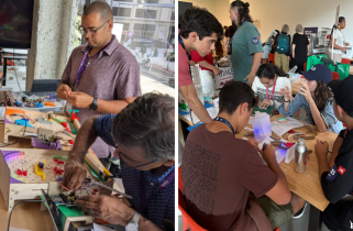 Side by side photos of conference attendees building K-12 Maker Lab projects