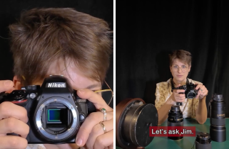 On the left, a closeup of someone holding a camera without a lens. On the right, they hold the camera in front of them with caption "Let's ask Jim"