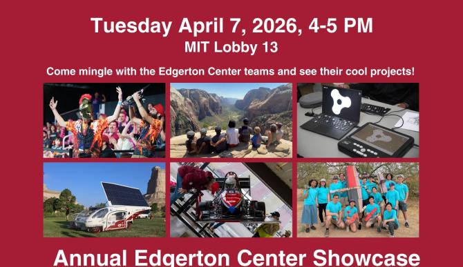 Collage of student projects on a maroon background 