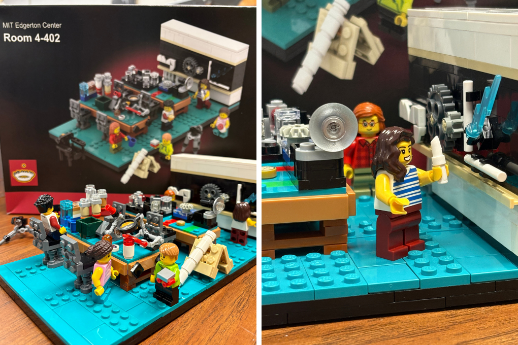 Side by side photos of a LEGO rendering of Amy's classroom