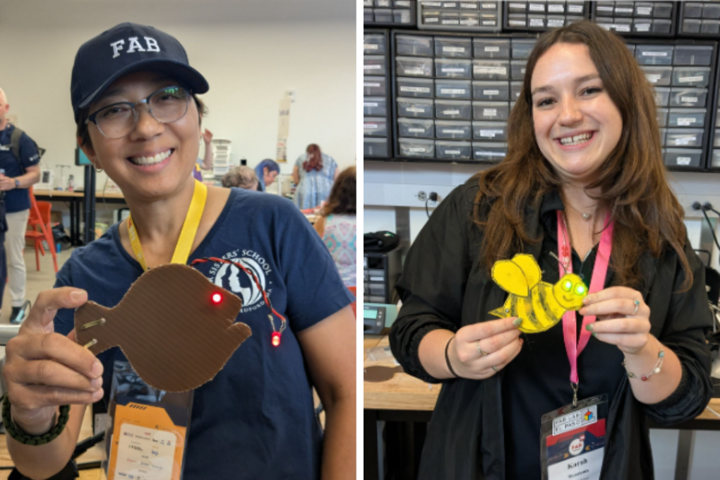 In side by side photos, two FAB26 attendees show off their animal-shaped electronics projects