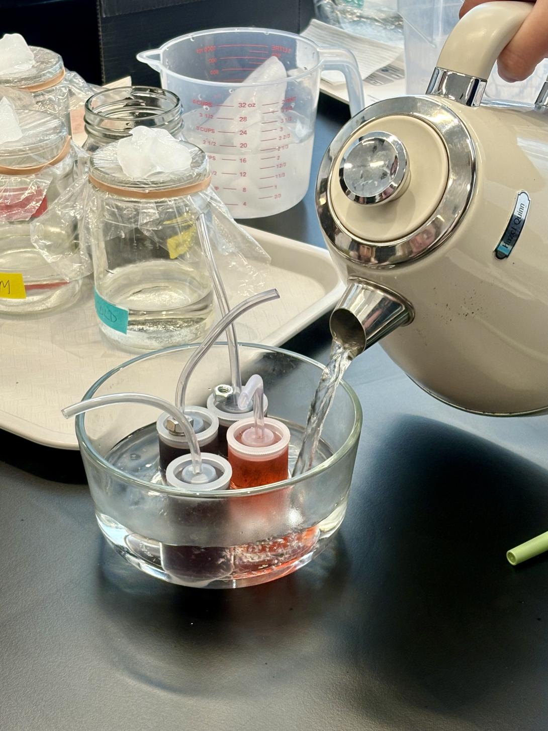 A hot water kettle is poured into a dish containing smaller vials of colored water