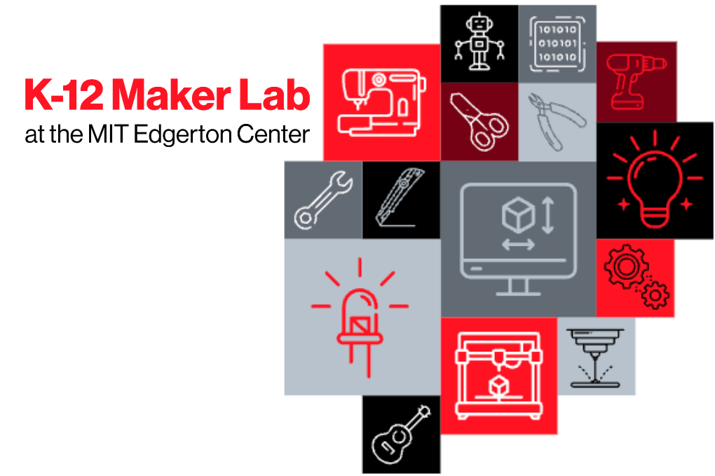 Screenshots from the K-12 Maker Lab website depict icons of common Maker tools alongside the K-12 Maker Lab logo